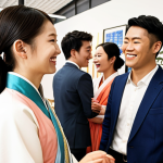 **

A diverse group of young professionals networking at a modern office party in Amsterdam or Rotterdam. Some are wearing business attire, others are in stylish casual wear. Focus on the smiles and engaged conversations. In the background, subtle Korean design elements (e.g., a small traditional painting, a modern interpretation of Hanbok colors in the décor) hint at the international connections. The overall atmosphere is positive and aspirational, hinting at career opportunities.

**