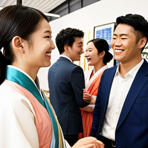 Home 15 **
A diverse group of young professionals networking at a modern office party in Amsterdam or Rotterdam. Some are wearing business attire, others are in stylish casual wear. Focus on the smiles and engaged conversations. In the background, subtle Korean design elements (e.g., a small traditional painting, a modern interpretation of Hanbok colors in the décor) hint at the international connections. The overall atmosphere is positive and aspirational, hinting at career opportunities.
**