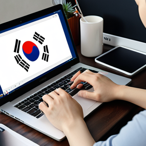 Home 8 ** A freelancer working on a laptop with Korean text and design elements visible on the screen. The setting is a modern home office with a Dutch flag subtly placed in the background. The freelancer looks focused and successful. Focus should be given to the digital workspace, illustrating the combination of Korean language skills and freelance work.
**