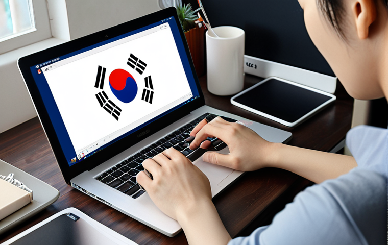 ** A freelancer working on a laptop with Korean text and design elements visible on the screen. The setting is a modern home office with a Dutch flag subtly placed in the background. The freelancer looks focused and successful. Focus should be given to the digital workspace, illustrating the combination of Korean language skills and freelance work.
**